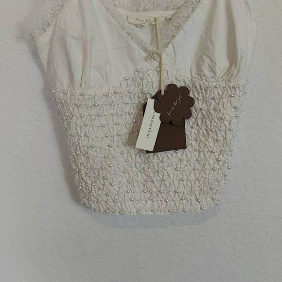 Forever That Girl Top Womens Extra Small Pearl Embellished Ruched Tank White - Picture 3 of 9